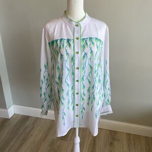 Bob Mackie Wearable Art Blouse Womens Medium White Blue Green Floral Preppy EUC